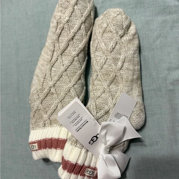 UGG Deedee fleece lined quarter Socks in Beige with Cream & Rose Trim - Picture 3 of 3